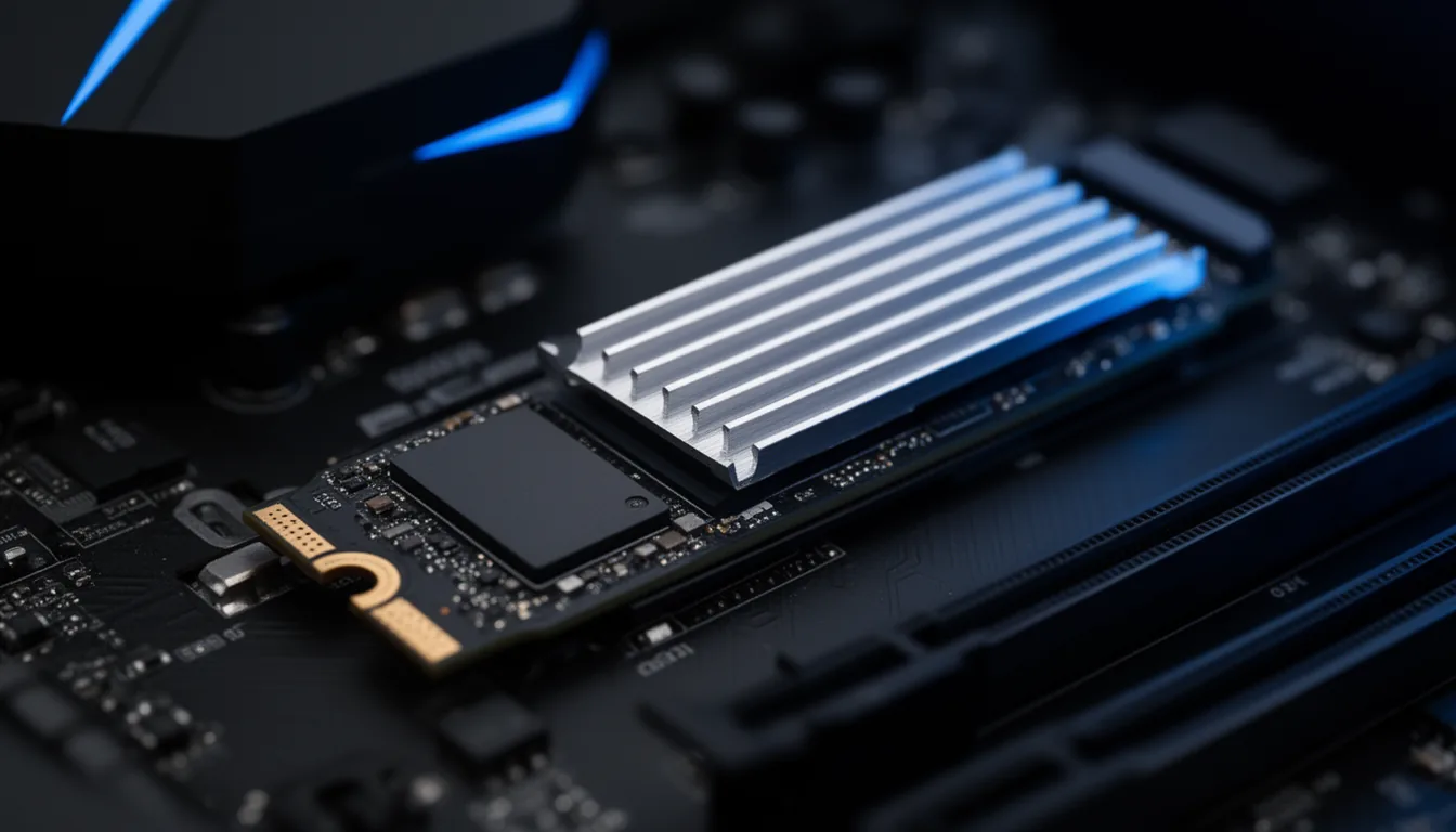 An M.2 NVMe SSD with a metal heatsink installed in a motherboard slot, close-up