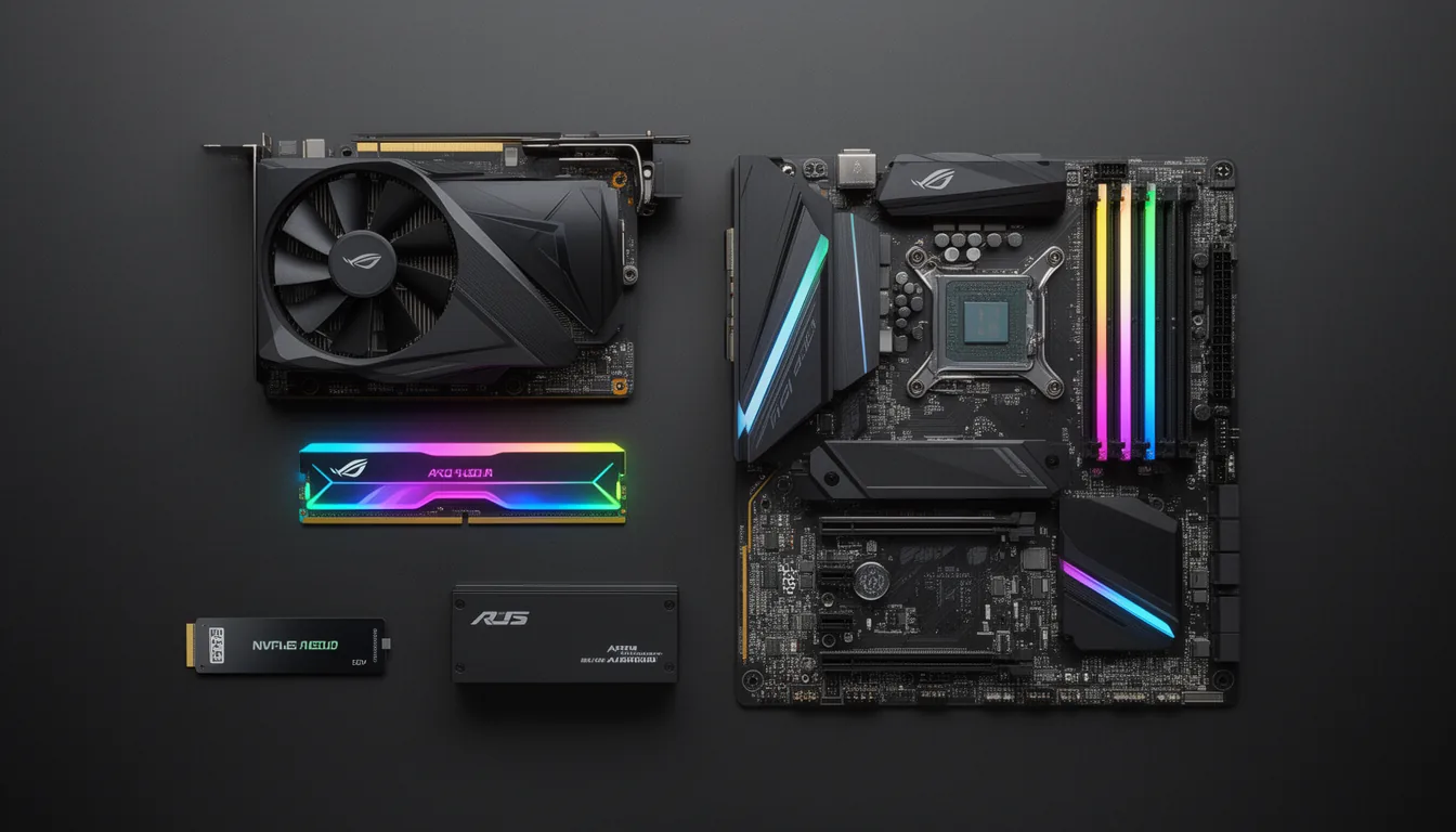 A top-down flat-lay of PC components: a graphics card, RGB RAM, a motherboard, an NVMe SSD and a power supply