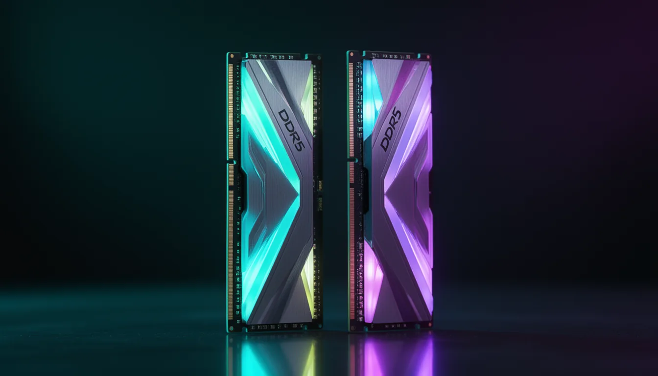 Two DDR5 RAM memory sticks with glowing cyan and purple RGB heatspreaders on a dark background